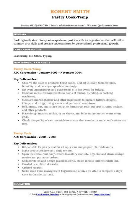 Pastry Cook Resume Samples Templates For