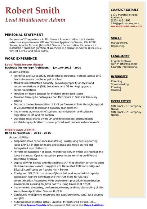 Middleware Admin Resume Samples Qwikresume