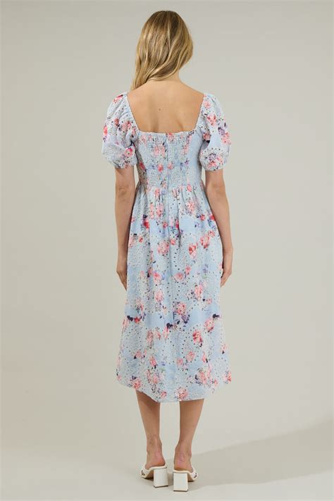 Josie Eyelet Floral Alessi Puff Sleeve Midi Dress Sugarlips