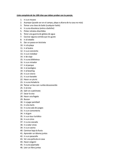 100 Citas en Pareja - Lista Completa de las 100 Citas que Debes Probar