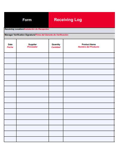 Printable Receiving Log Sheet