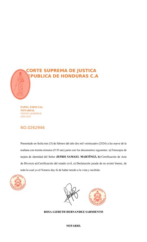 Papel Notarial Naranja Corte Suprema De Justica Republica De Honduras