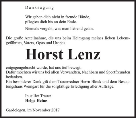 Traueranzeigen Von Horst Lenz Abschied Nehmen De