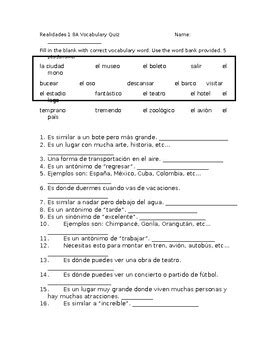 Realidades A Vocabulary Quiz By Spanish U Tpt