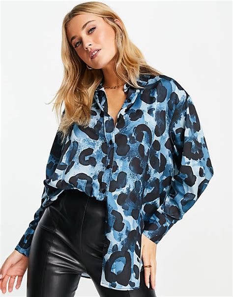 Topshop Satin Hemd Mit Tierfellmuster In Blau Asos