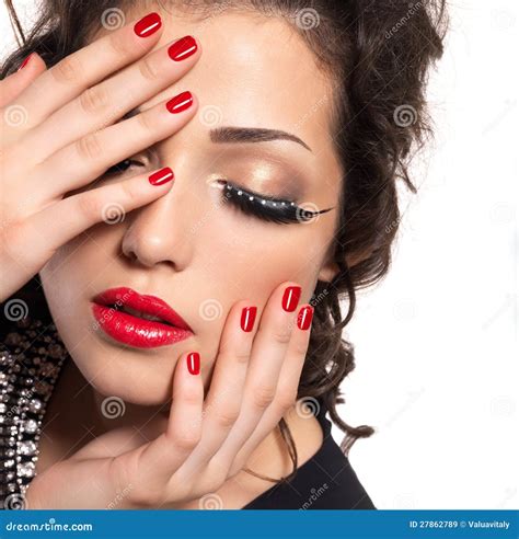 Model With Red Nails Lips And Creative Eye Makeup Stock Image Image