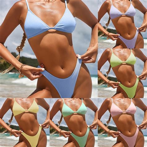 Colors Ribbed Solid Adjustable Sexy Bikini Set Cheeky Bottom Swimsuit Women Two Piece