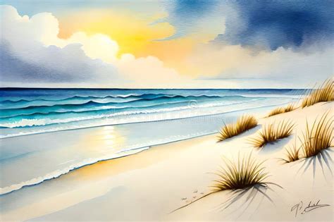 Watercolor Baltic Sea View Sandy Beach Blue Sky Seagulls Nature