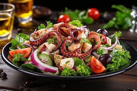 Premium Photo Fresh Gourmet Salad Plate With Seafood And Meat