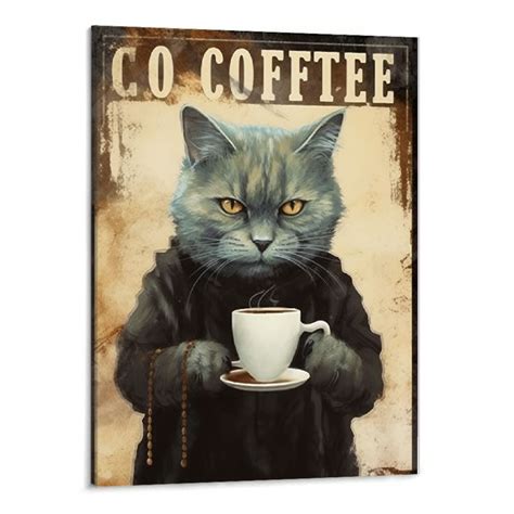 Onetech Retro Cat Coffee Metal Sign Vintage Kitchen Signs Wall Decor