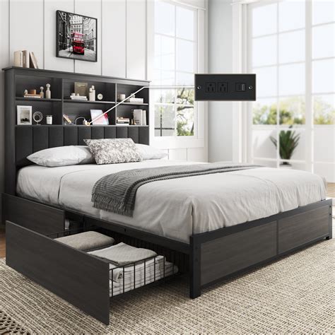 Lifezone Queen Bed Frame With Bookcase Headboard Wooden Platform Bed