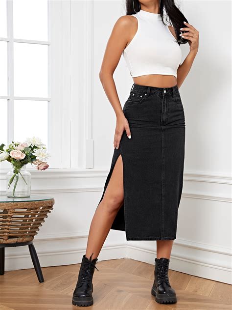 Shein Essnce High Waist Split Thigh Denim Skirt Shein Uk