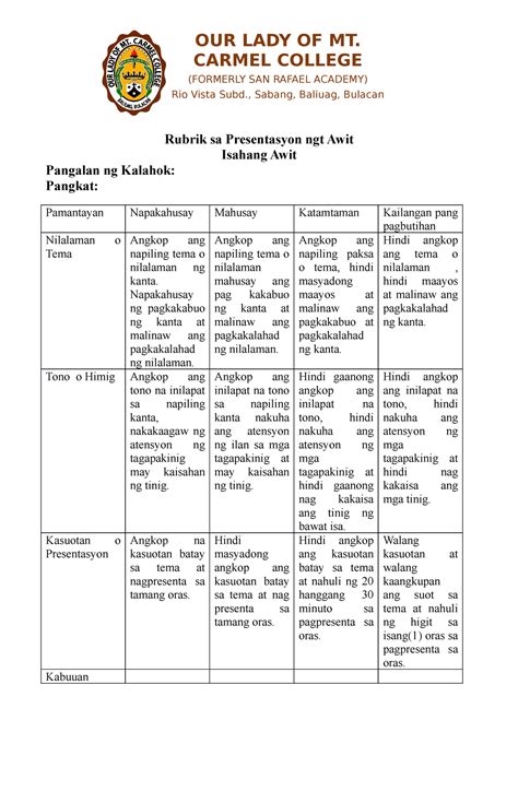 Rubriks None Rubrik Sa Presentasyon Ngt Awit Isahang Awit Pangalan Ng Kalahok Pangkat