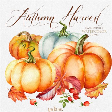 Pumpkin Watercolor Clipart Halloween Autumn Briar Yellow Leaves