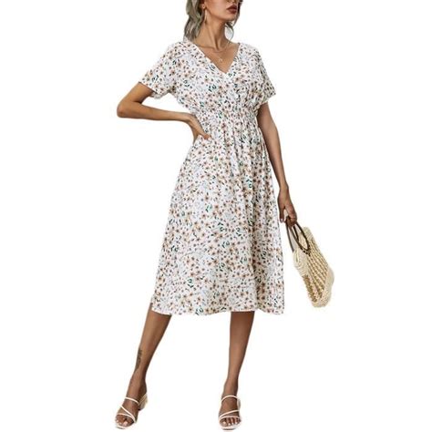 Robe Floral Femme Ete A Line Trapèze Manche Court Casual Et Elegant