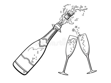 Popping Bottle Of Champagne With Cork Flying Out And Two Sparkling