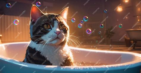 Premium Photo Cute Cat In Bathtub With Soap Bubbles And Rays Of Light