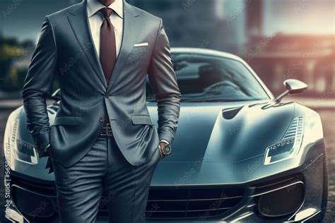 A rich guy in formal business suit which is standing in front of a supercar, successful ...