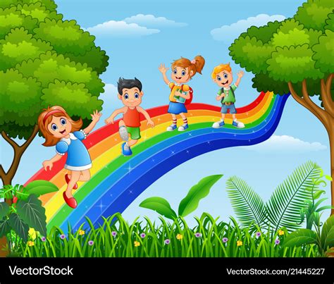 Happy Kids Standing Over Rainbow Royalty Free Vector Image