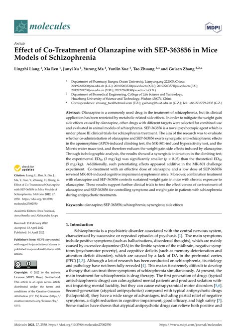 Pdf Effect Of Co Treatment Of Olanzapine With Sep 363856 In Mice