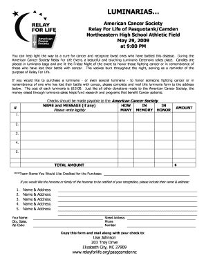 Fillable Online Relay Acsevents 2009 Survivor Luminaria Forms Relay