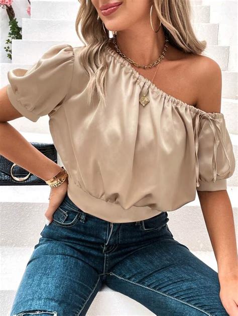 Shein Priv Asymmetrical Neck Puff Sleeve Crop Satin Blouse Shein Usa