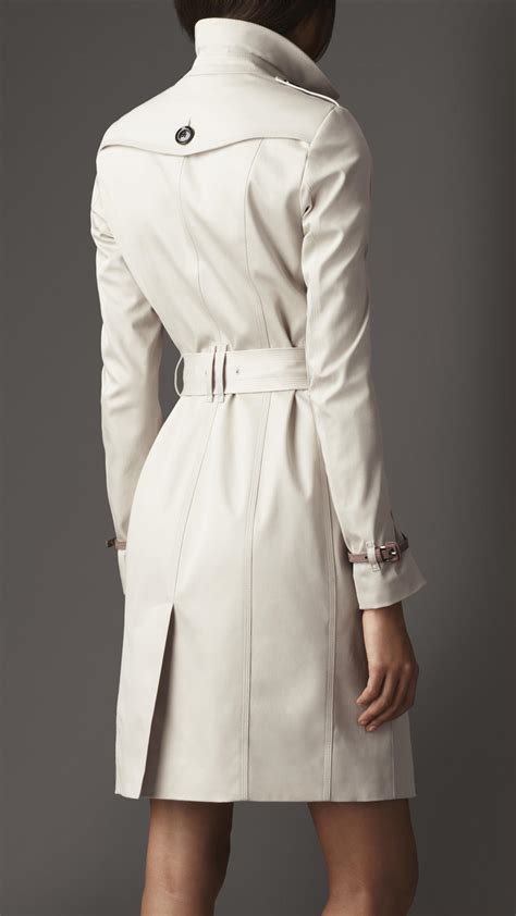 Burberry Long Cotton Twill Nubuck Leather Detail Trench Coat In White