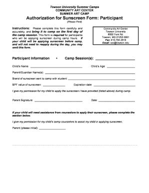 Fillable Online Towson Sunscreen Authorization Form Pdf Towson