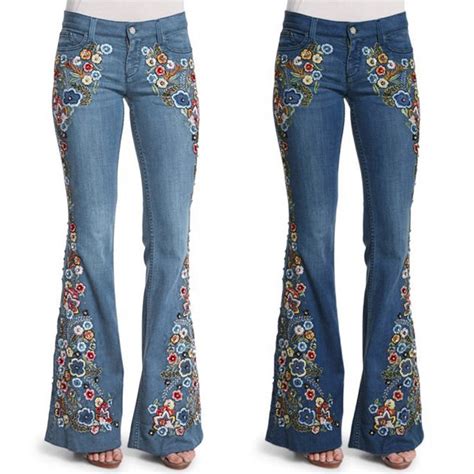 Qolati Womens Flare Bell Bottom Jeans Imitation Denim Floral