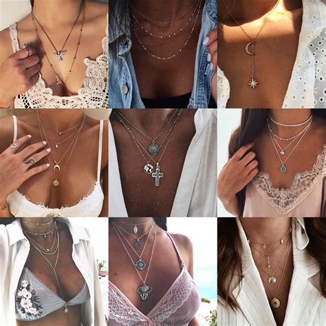 Collares Bohemios De Varias Capas Para Mujer Cadenas Con Colgante De