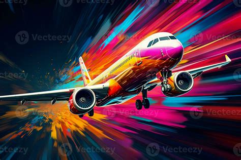 Airplane In Flight With Colorful Abstract Background Ai Generated Pro