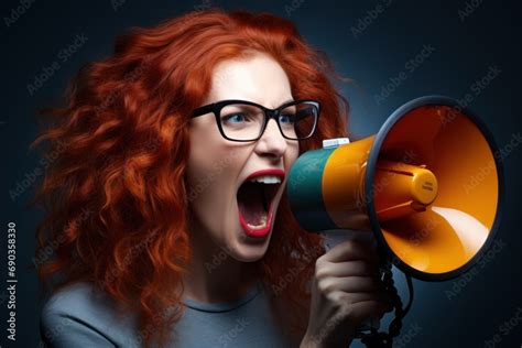 A Woman With Red Hair And Glasses Holding A Megaphone With Her Mouth