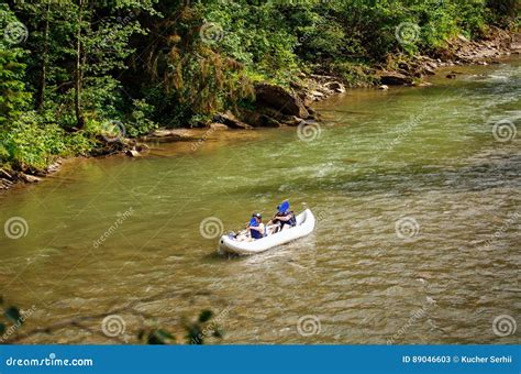 Two People Drifting Boat Swift Mountain River Stock Image Image Of