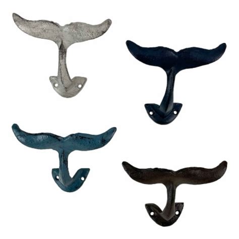 Set Of Colorful Cast Iron Whale Tail Wall Hooks Decorative Coastal