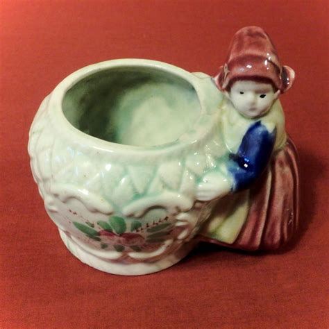 Dutch Girl Planter Vintage Ceramic Hand Painted Small Round Decorative Basket Weave Design Etsy