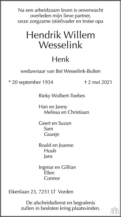 Hendrik Willem Henk Wesselink Overlijdensbericht En