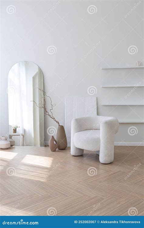 Super White Simple Clean And Stylish Interior With Modern Furniture In Nude Color And