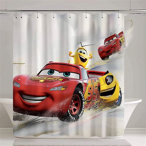 Colorful Pixar Style Red And Yellow Cars Shower Curtain With Lightning