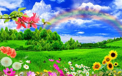 Wonderland, grass, flowers, nature, rainbow, sky, HD wallpaper | Peakpx