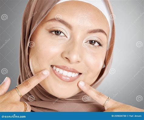 Beauty Muslim And Woman With Teeth Portrait Pointing At Healthy Smile