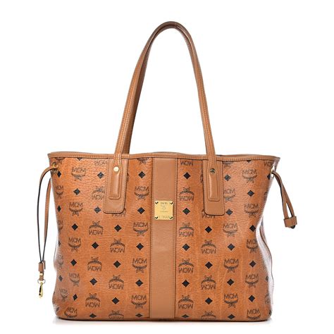 MCM Visetos Medium Liz Reversible Shopper Tote Cognac 514683