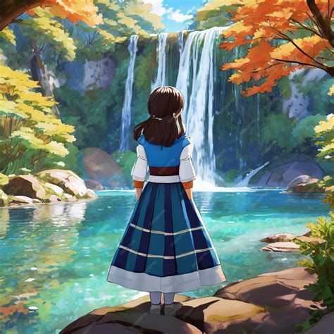 Premium Photo Anime Girl Standing Infront Of Water Fall