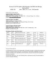 MCB 102 SP20 Syllabus Final 1 Pdf Survey Of The Principles Of