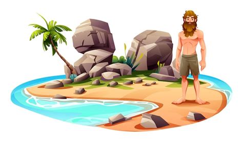 Premium Vector Shipwreck Man On Desert Island With Palm Trees And