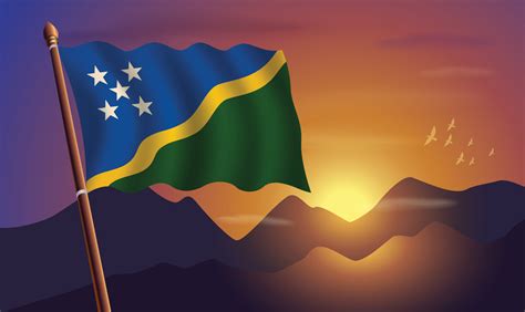 Solomon Islands Flag With Mountains And Sunset In The Background