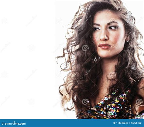 Young Brunette Woman With Curly Hairstyle In Fancy Glamur Dress Stock