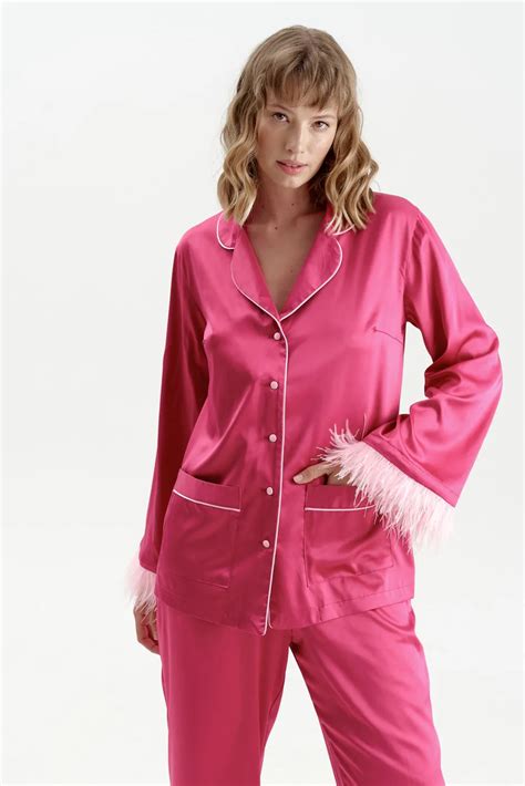 Women S Feather Trim Pyjama Set In Pink Identity Lingerie