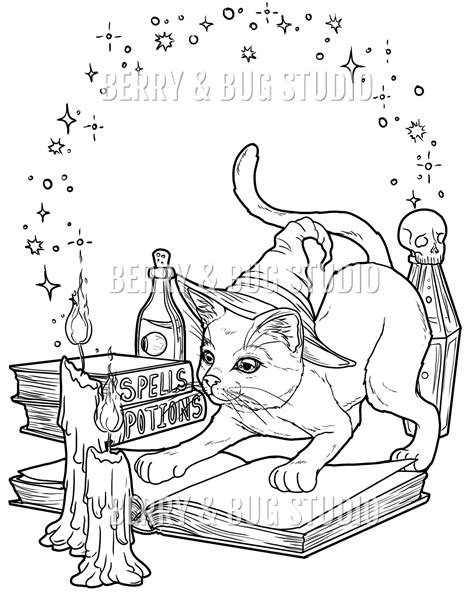 Adult Coloring Page Witch Cat Coloring Book Illustration Etsy