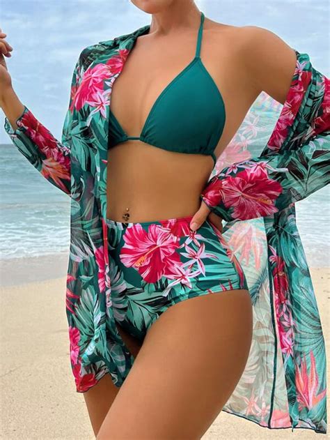 Shein Swim Classy Tropical Print Bikini Set Triangle Bra High Waisted