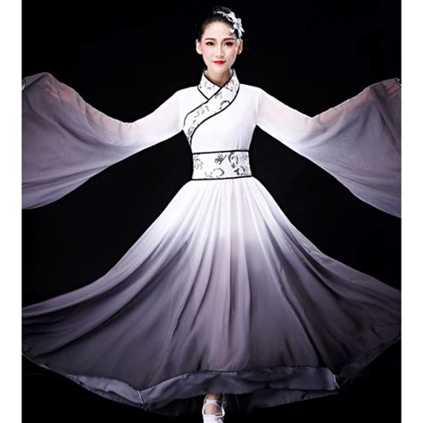 Women S Hanfu Black With White Gradient Chinese Folk Dance Costumes Stage Performance Drama